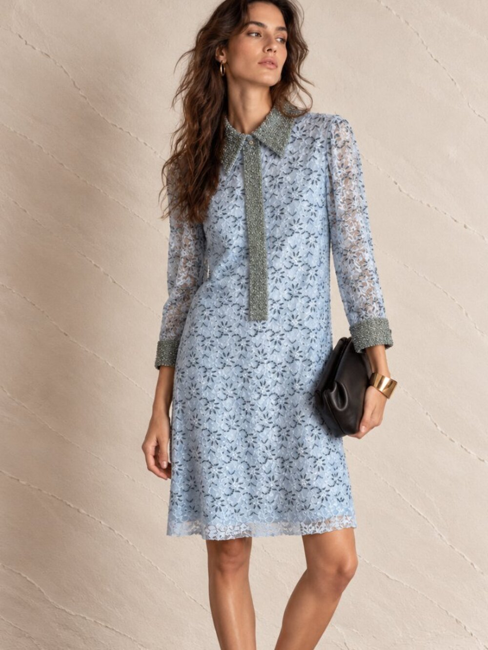 Vintage 60s Beaded, Baby Blue Lace, Shift Dress - Small